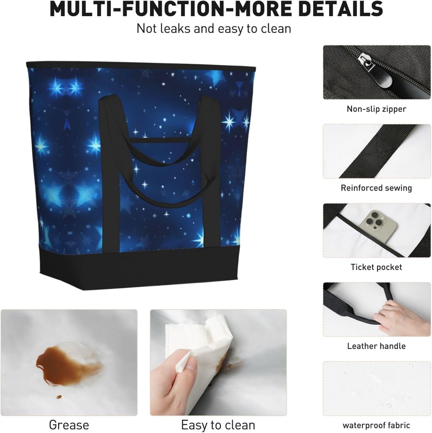 Blue Shining Stars Pattern Print Large Cooler Bag Tote Bag,Reusable Grocery Bag,Lunch Box Bag, For Picnic Beach Camping