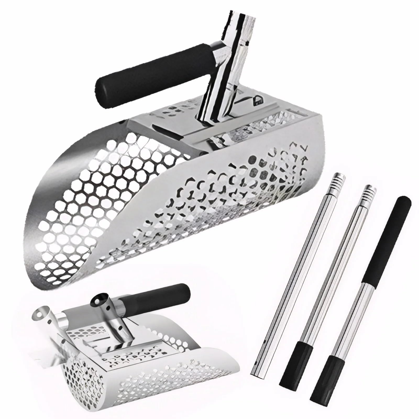 Rastrillo per pulci di sabbia Paletta for sabbia in acciaio inossidabile 2 in 1, setaccio for multifunzione, pala resistente all'usura, rastrello for ritrovamenti sulla spiaggia
