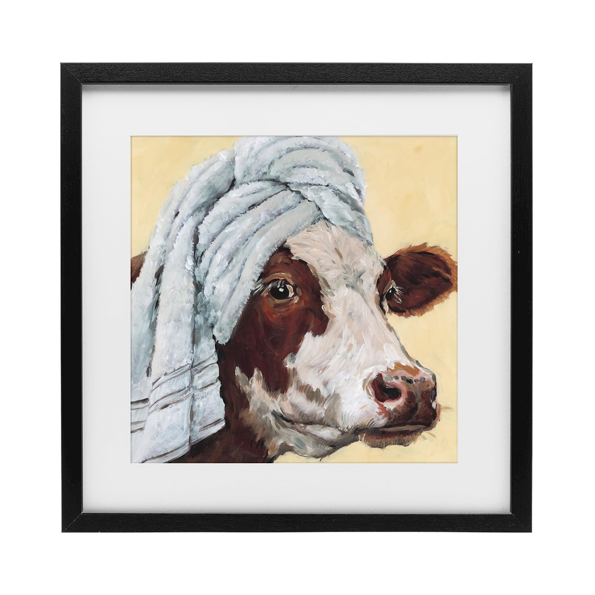 Stupell Industries Midnight Black (Textured) Cow Spa Bathroom Calm Portrait, 16 X 16 Inch Framed Print Under Glass
