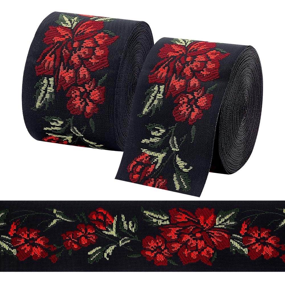 Black Embroidered Jacquard Ribbon 1-3/4 Inch Wide - 10 Yards Trim For Crafts & Home Decor