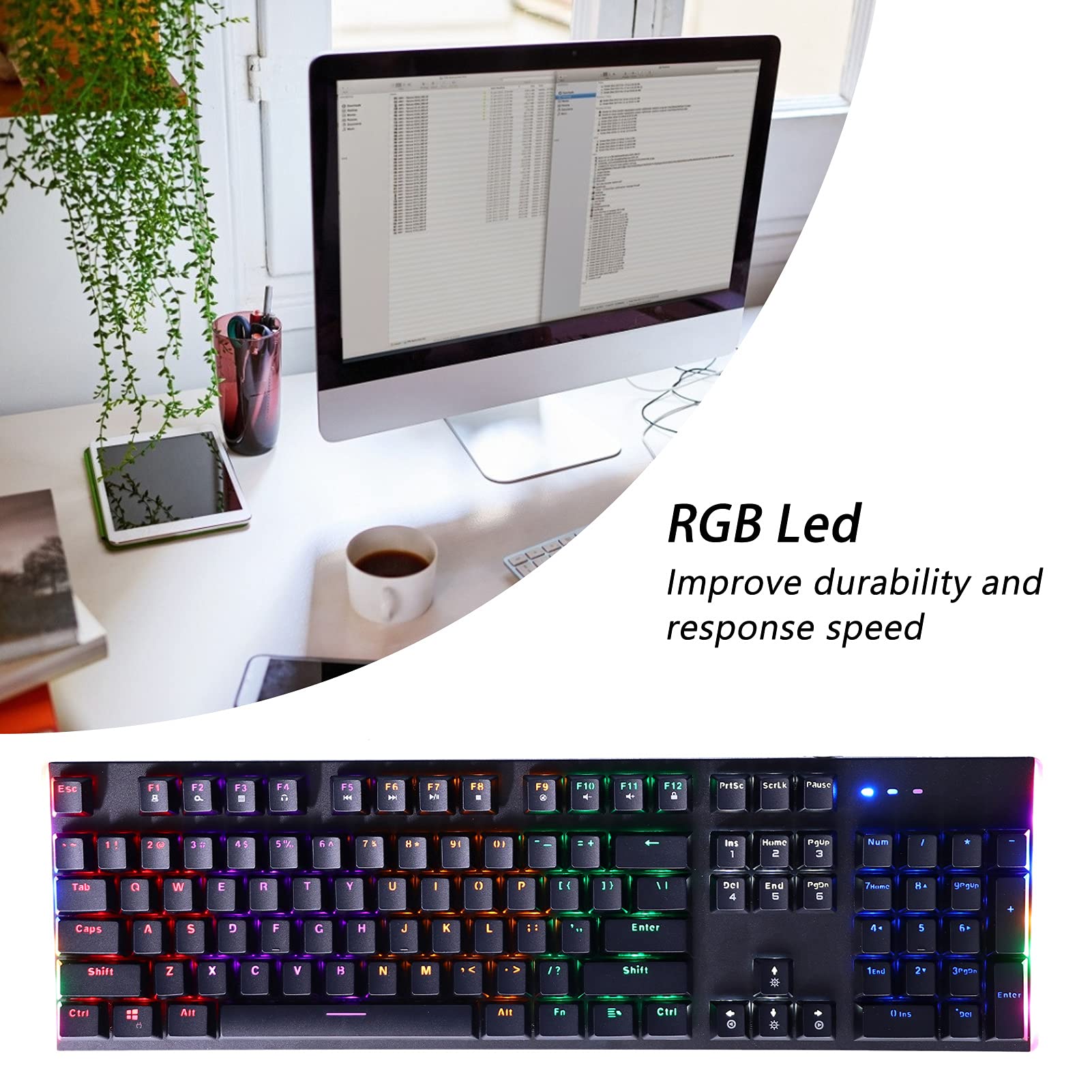Zunate Klawiatura Mechaniczna, 104 Klawisze Przewodowa Mechaniczna Klawiatura do Gier do Laptopa do Gier PC, LC z osią optyczną, Ergonomiczne Nakładki Antypoślizgowe