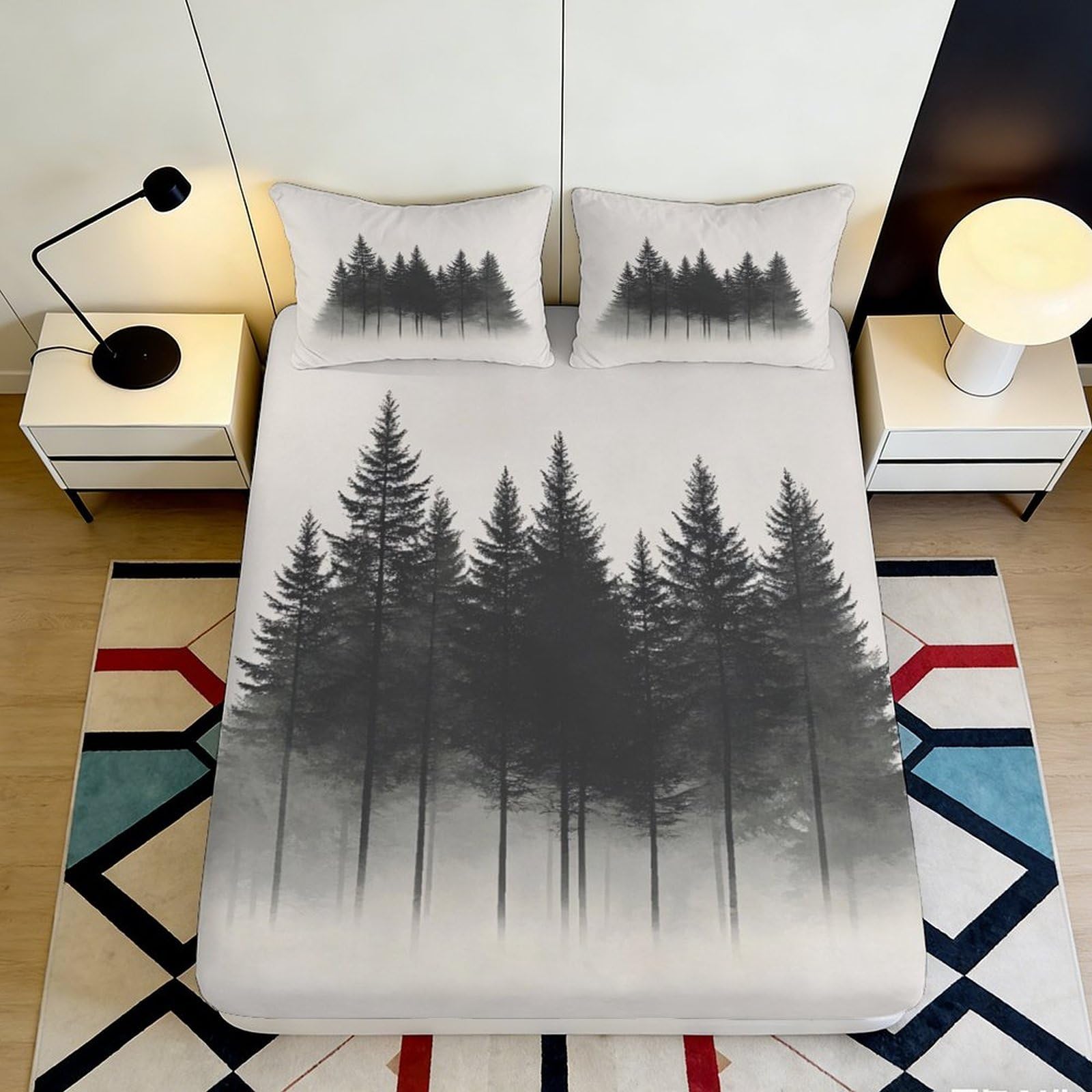 3D Printed Pine Tree Fitted Sheet Microfiber Soft Breathable Black Forest Bed Cover for Bedroom Dorm Dormitory Guest Room Mattress Protection 140x200x25cm