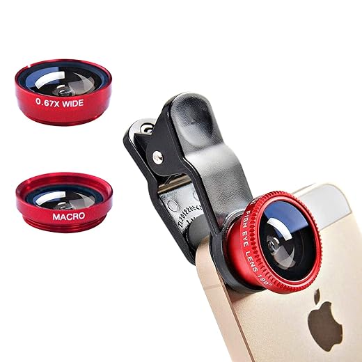 3 in 1 Cell Phone Camera Kit, Wide Angle Macro Fisheye Lens Universal for Smartphones, iPhone, Samsung, Android - Red