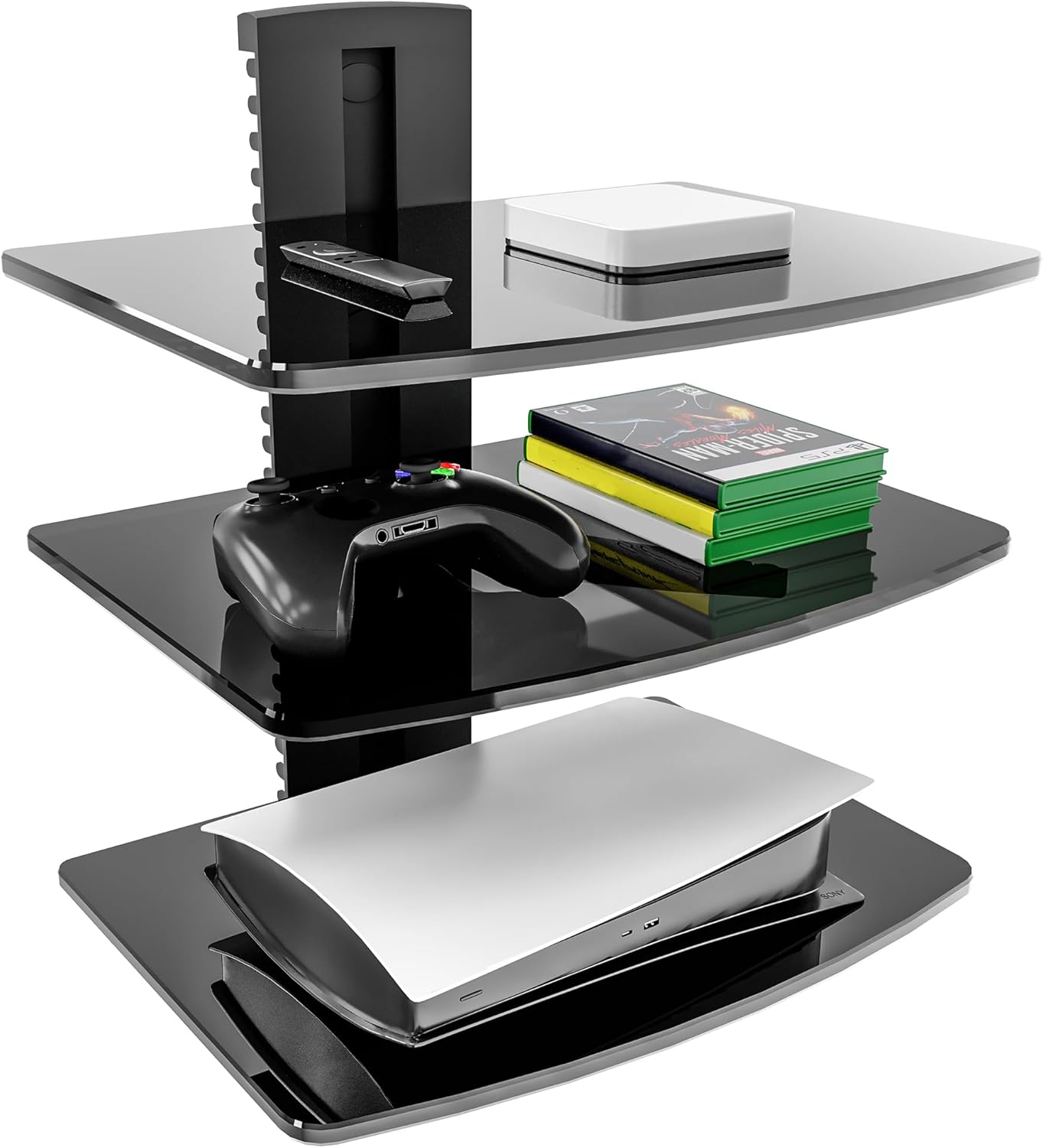 FITUEYES Floating Wall Mounted Shelf - 3 Tiers Floating Entertainment AV Shelf Holds Up to 22 lbs, Tempered Glass DVD Mount Component Under TV Shelves for Cable Box, Projector, TV Accessories 3 Ties