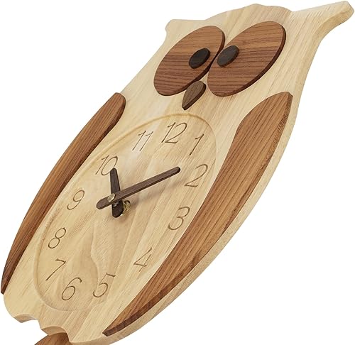 Miniatura 6 de Reloj de pared de búho decorativo de madera Clolck sin tictac, funciona con pilas, reloj de péndulo de madera para sala de estar, dormitorio,