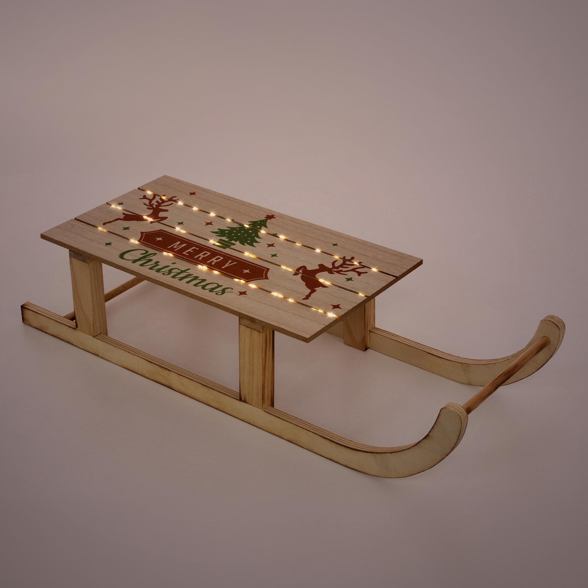 ECD Germany Trineo Decoración Navideña de Madera, 60x21x13,5cm Marrón Iluminación 60 Leds Blanco Cálido, Adorno Navideño, Función con Pilas, Accesorio Festivo Ornamento Original para Árbol de Navidad