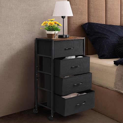 Miniatura 6 de LIANTRAL Mesita de noche con cajones, 4 cajones de almacenamiento de tela con ruedas, cómoda de fácil montaje para dormitorio, dormitorio, pasillo,