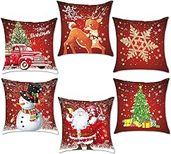 AMLOOPH Christmas Cushion Covers Set Of 6, Red Christmas Design Sofa Cushion Covers 50 X 50 cm Soft Plush Square Xmas Throw Pillow Covers Cases For Xmas Decorations Indoor