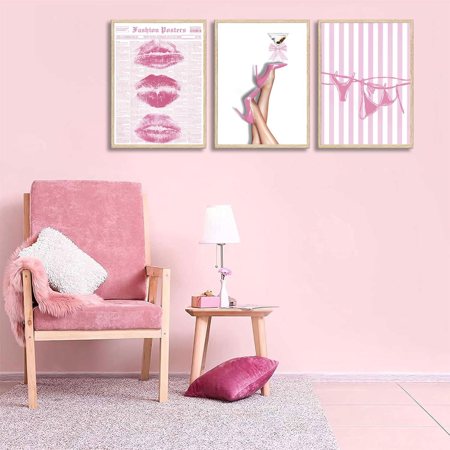 3Pcs Trendy Coquette Wall Art Pink Lips Bikini & Bow Heels Wall Decor Pictures Vintage Martini Newspapaer Canvas Posters Prints for Y2K Girly Room Dorm Apartment Preppy Aesthetic Decor 16x24in