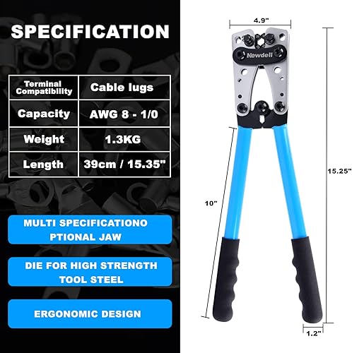 Miniatura 2 de Newdeli Herramienta de prensado de terminales de cable de batería 10-10 AWG con 60 terminales de anillo de cobre, juego de terminales de cable de 8