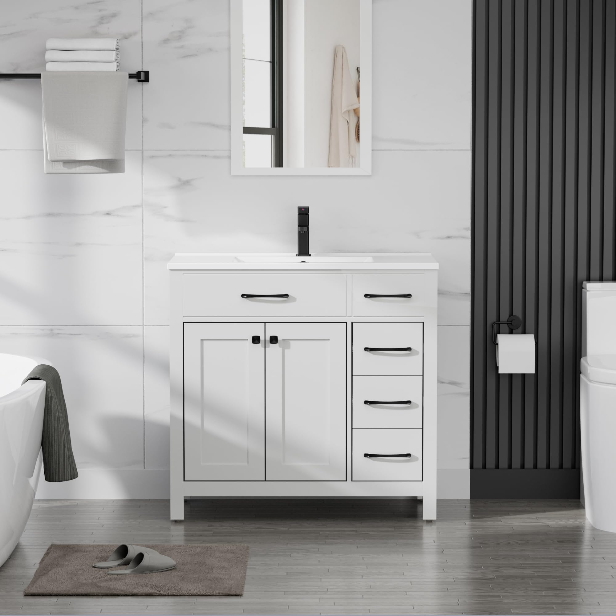 LUCKWIND 36" Bathroom Vanity with Sink Combo, Painted Modern Bathroom Storage Cabinet with Large Sink, Two Doors and Three Drawers, Include Faucet