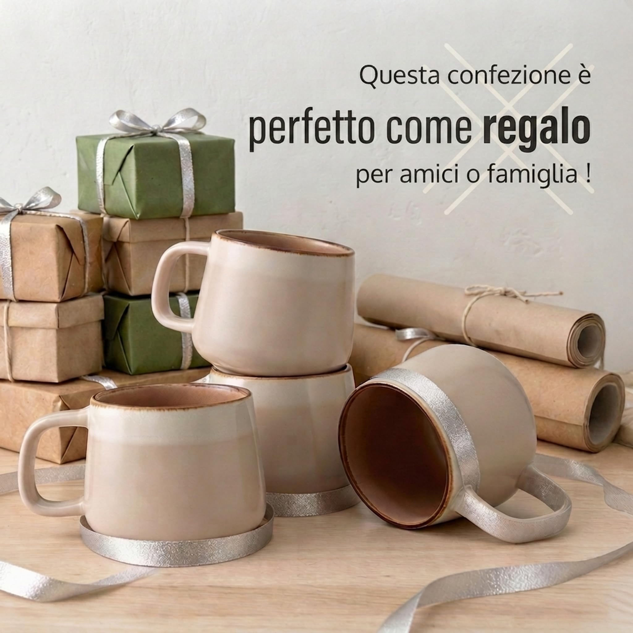 Ava Nord Gres Tazze da Caffè in Ceramica | Set di 4 | 340ml | Rose Sand | Senza Piombo, Atossico, Microonde e Lavastoviglie, Impugnatura Comoda, Design Nordico Elegante, Ideale per Cappuccino