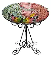 Large Bird Bath for Outside, 18" D Glass Bath Bowl with Metal Stand 28" H Standing Outdoor Birdbaths for Garden Yard Lawn Decor, Butterfly-A