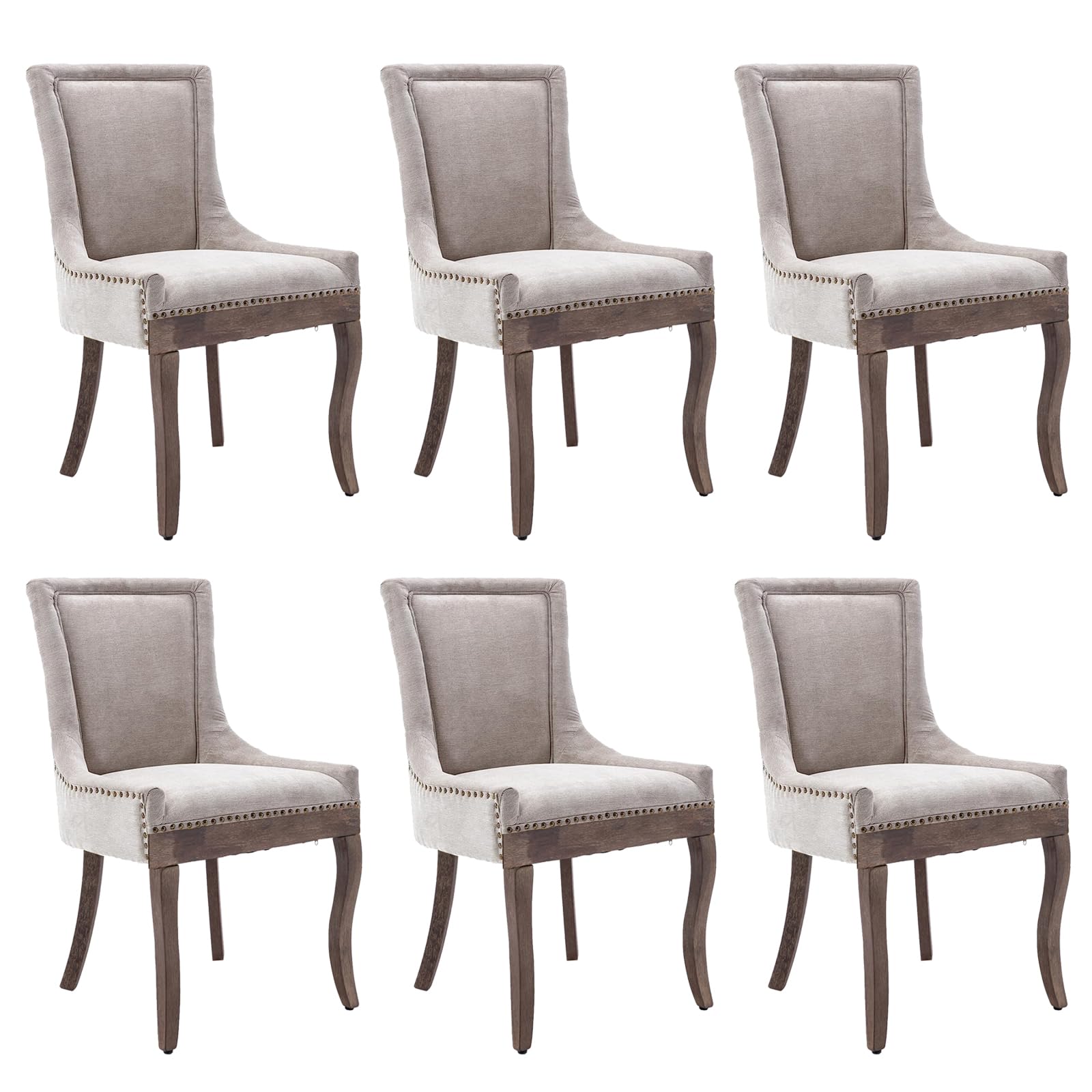 Aoowow Fabric Vintage Upholstered Side Chairs Set of 6, Farmhouse Solid Wood Kitchen Dining Room Chairs with Nailheads Legs (Fabric Beige)