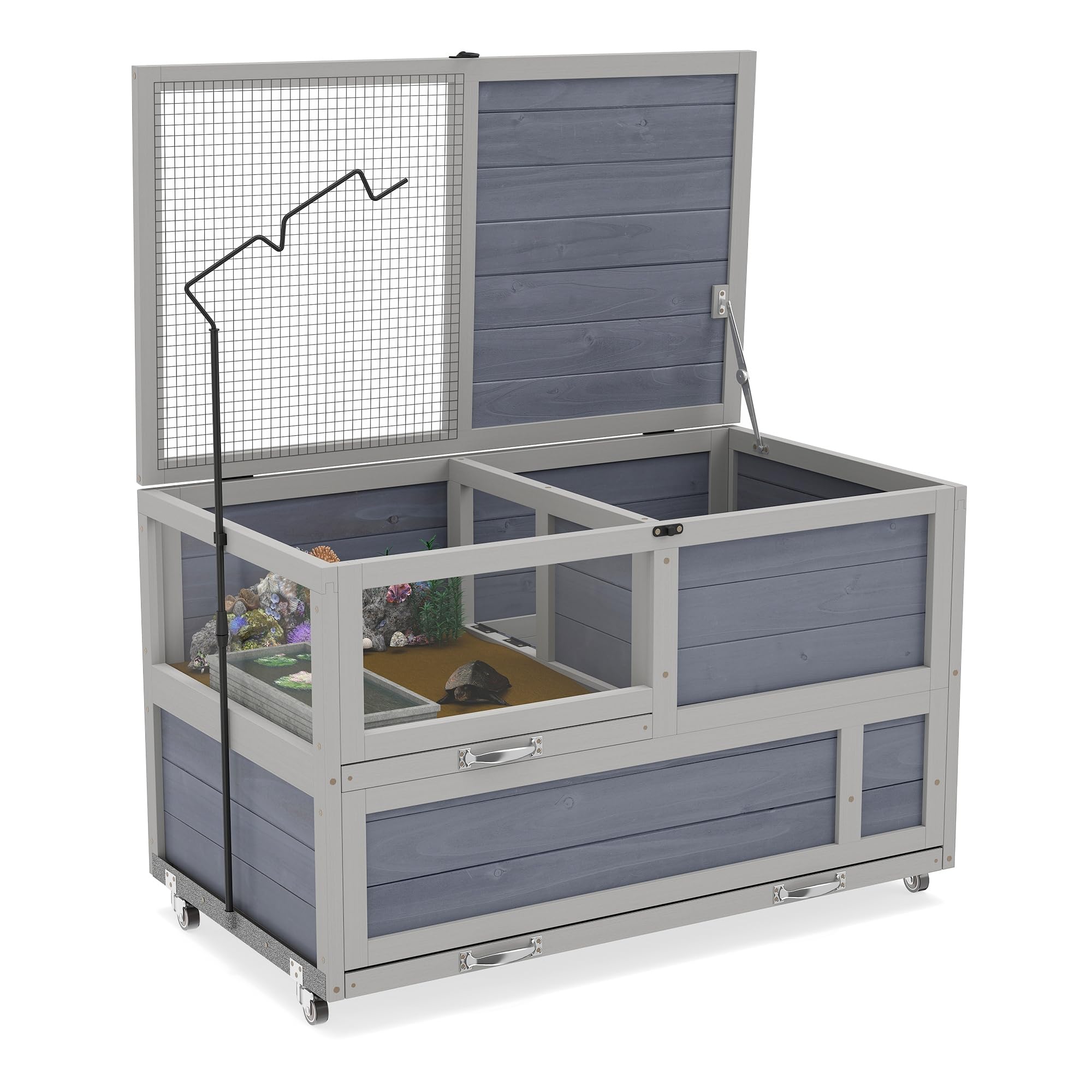 2-Tier Tortoise House, Large Wooden Tortoise Cage, Indoor & Outdoor Reptile Enclosure for Small Animals, with Lamp Holder, Ramps, Wheels, Deeper Bottom to Burrow