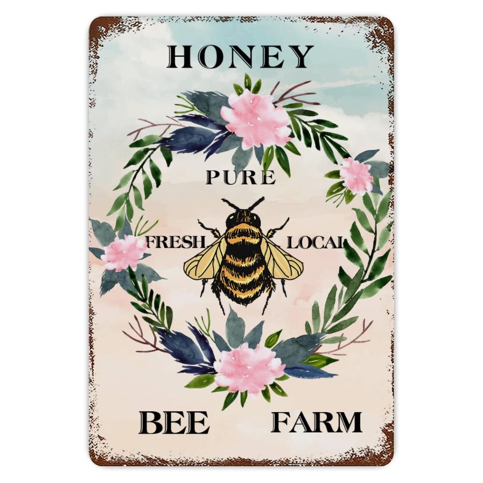 ENEDNATE Rustic Aluminum Sign Bee Farm Honey Flower Wreath Tin Metal Sign Retro Home Kitchen Room Wall Door Hanger Decor Sign 8x12 inch