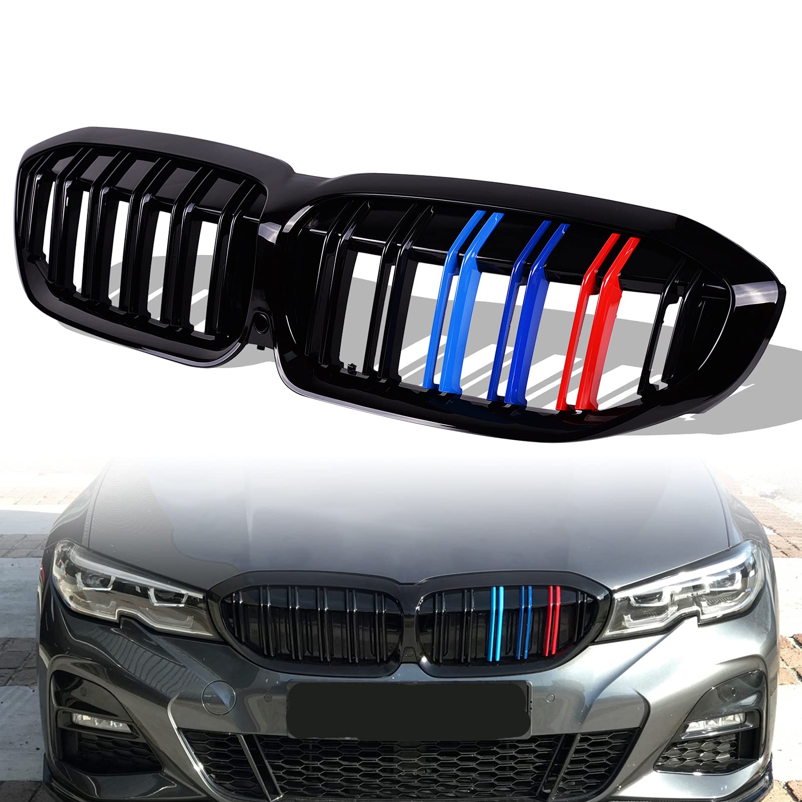 runmadeFront Upper Kidney Bumper Grill Double Line Grille Glossy Black + M Color Compatible with BMW 2019 2020 2021 G20 3-Series