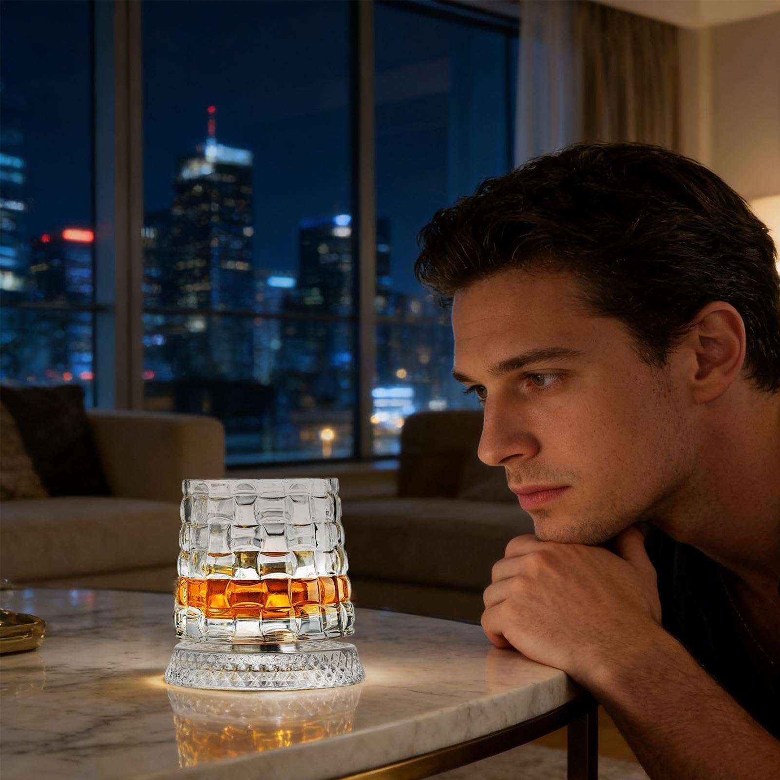 Bicchiere da whisky girevole a 360 gradi, bicchiere da cocktail girevole con base disaccoppiata stabile, bicchieri da whisky in rotante con funzione antistress, per rum, cocktail