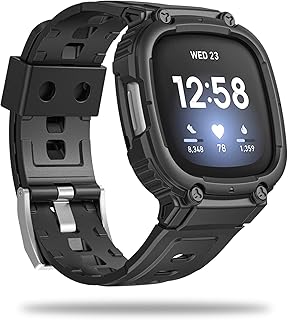 Miimall Compatible with Fitbit Versa 4 / Fitbit Versa 3 / Fitbit Sense 2 / Fitbit Sense Bands with Case, Soft TPU Rugged Sport Replacement Wristbands Strap with Shockproof Bumper Protective Case for Men Women