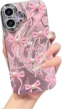 VONZEE Compatible with iPhone 16 Case Luxury Pink Girly Cute 3D Bow Pearl Glitter Bling Case with Full Camera Protection Shockproof PC+TPU Glossy Shiny Cover for Girls Women, Pink