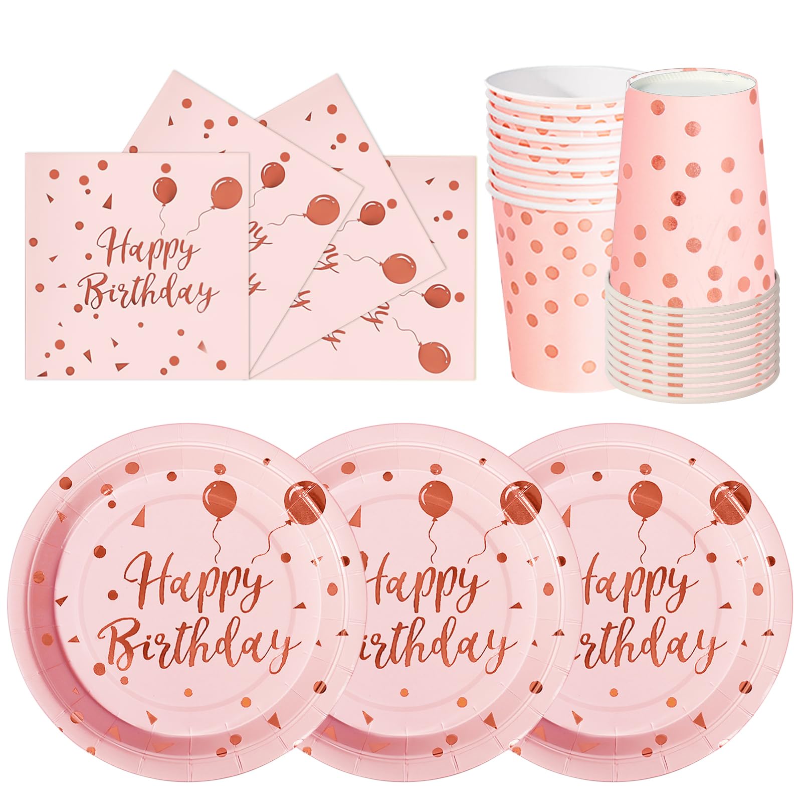 hailstones Pink Rose Gold Dots Party Tableware Set for 24 Guests, Happy Birthday Party Plates Set, Disposable Plates Cups Napkins Paper Plates, Kids Men Women Birthday Decor