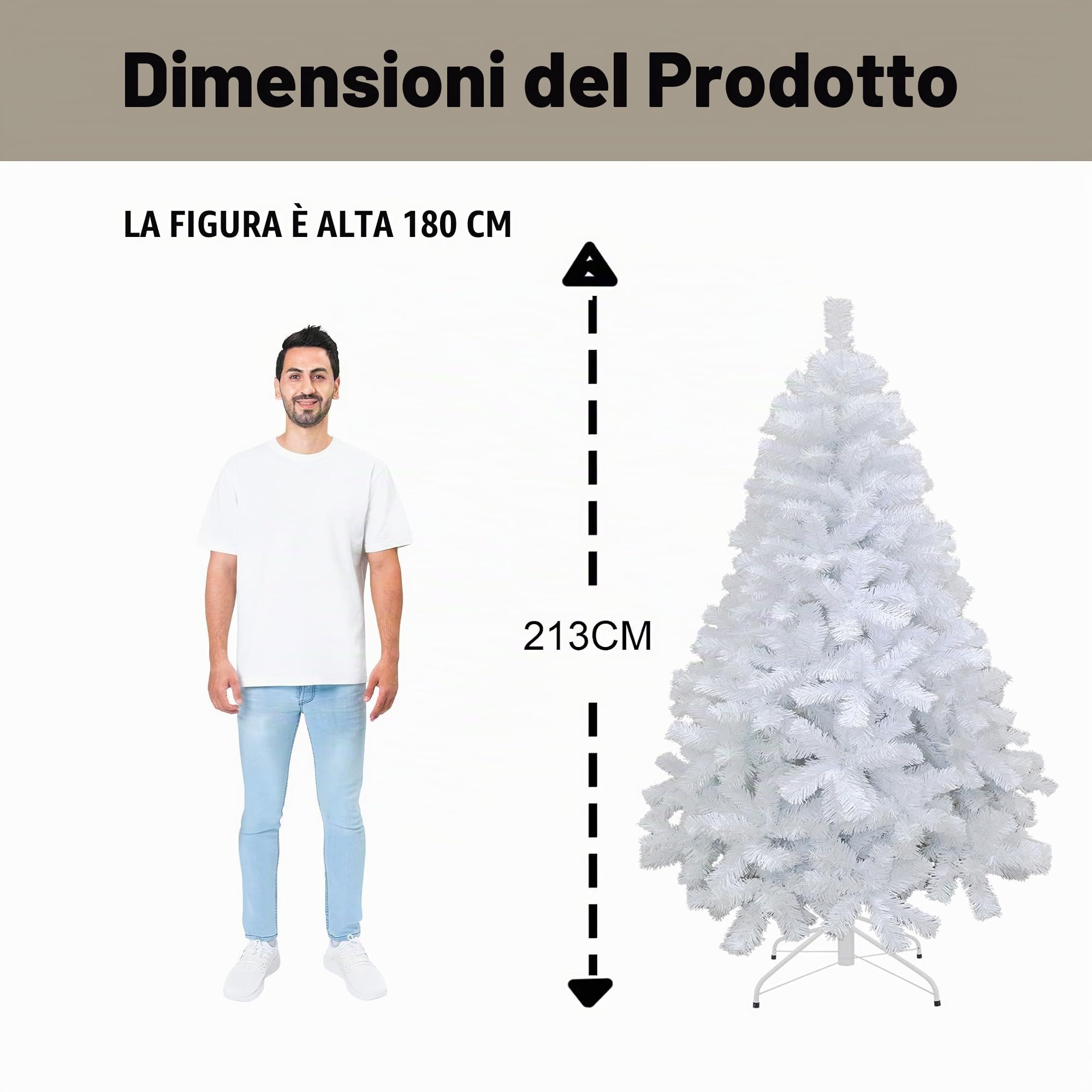 Shatchi - Albero di Natale Artificiale dall'aspetto rigoglioso, con Supporto in Metallo, in PVC, 210 cm, Colore: Nero/Verde/Bianco