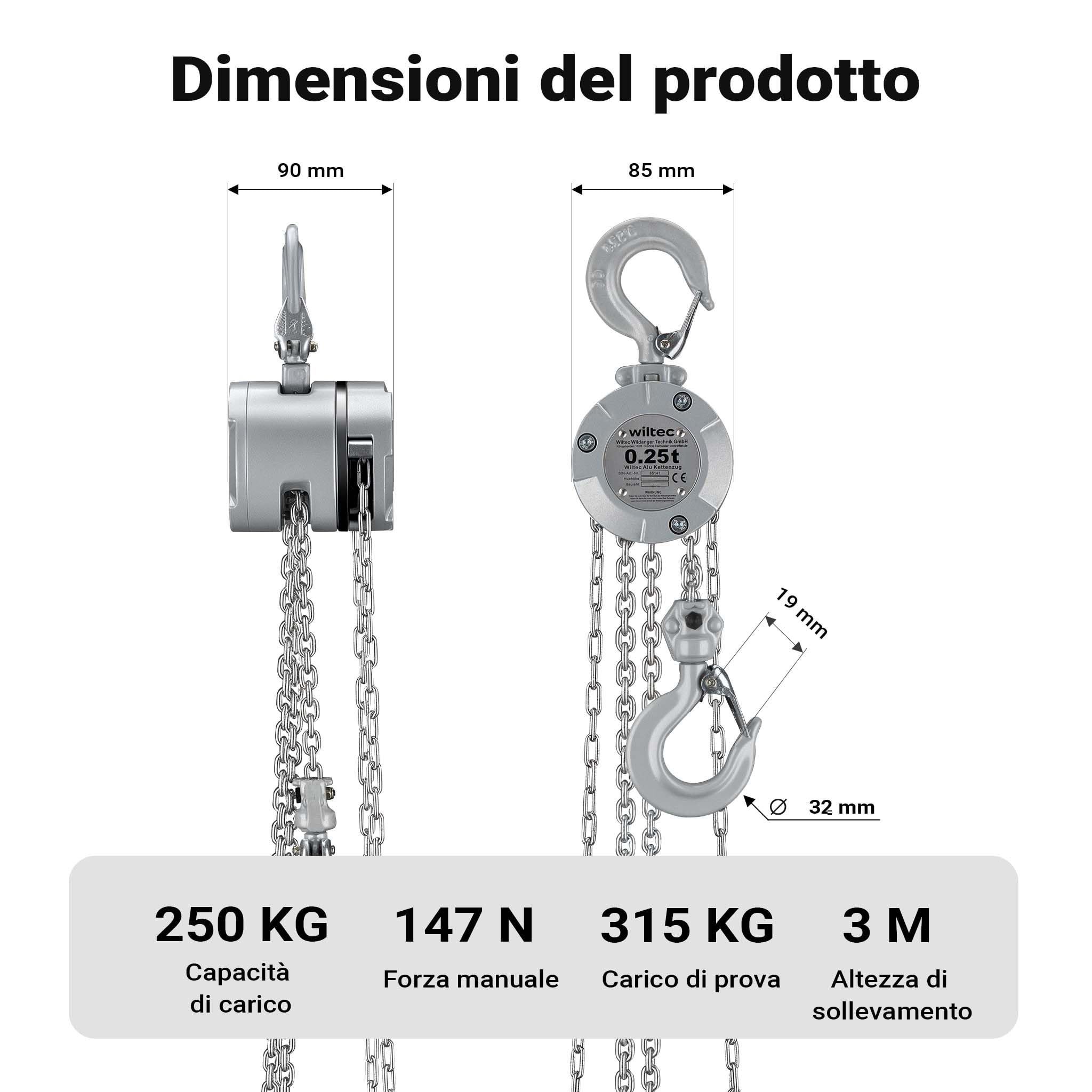 Wiltec Paranco a catena manuale VX-0.25 in alluminio, capacità di carico 250 kg, altezza di sollevamento 3 m, catena di carico G100, leggero e compatto, per impieghi gravosi