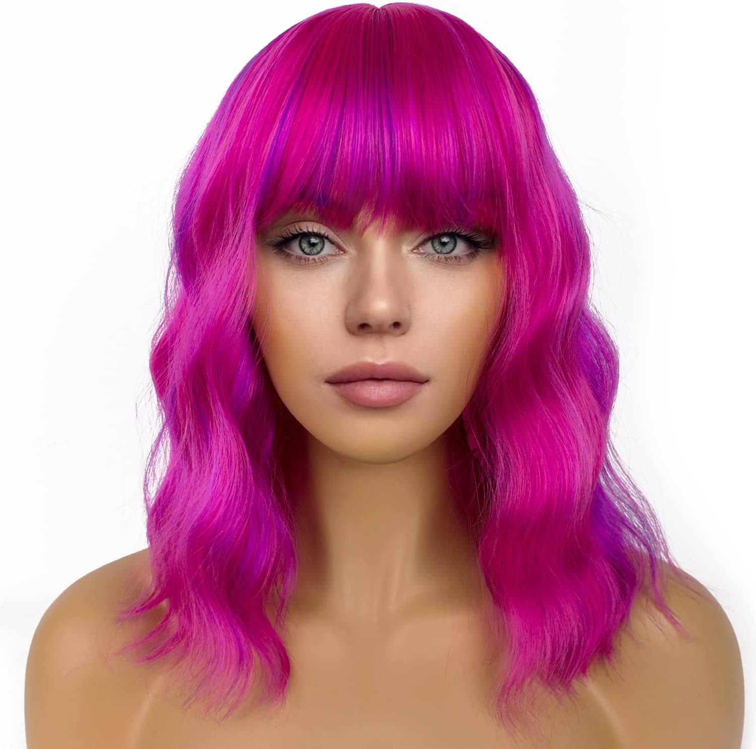 Short Bob Wigs with Bangs for Women Loose Wavy Wig Curly Wavy Shoulder Length Bob Synthetic Cosplay Wig for Girl Colorful Costume Wigs (Rose mixed Purple)