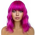 LANCAINI Short Bob Wigs with Bangs for Women Loose Wavy Wig Curly Wavy Shoulder Length Bob Synthetic Cosplay Wig for Girl Colorful Costume Wigs (Rose mixed Purple)