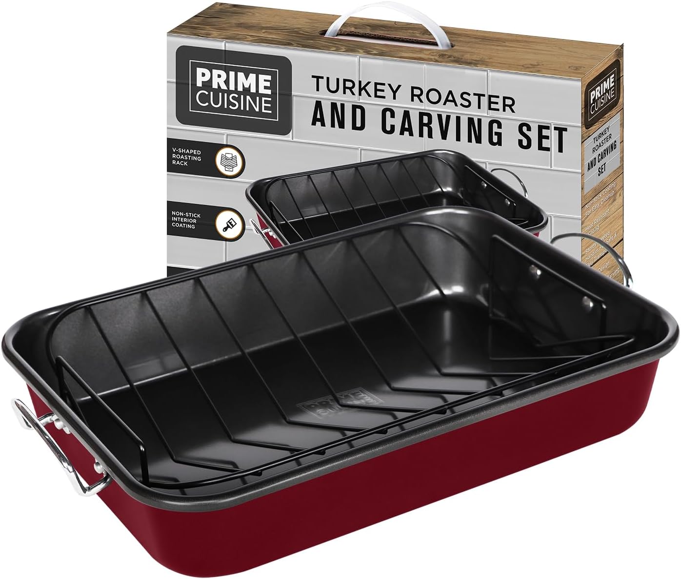 Roasting Pan with Rack – 15.75" Turkey Roaster Pan with V-Rack, Nonstick Oven Pan for Cooking, Baking & Roasting – Sturdy Handles for Easy Transport, Easy Cleanup, Burgundy - Image 2