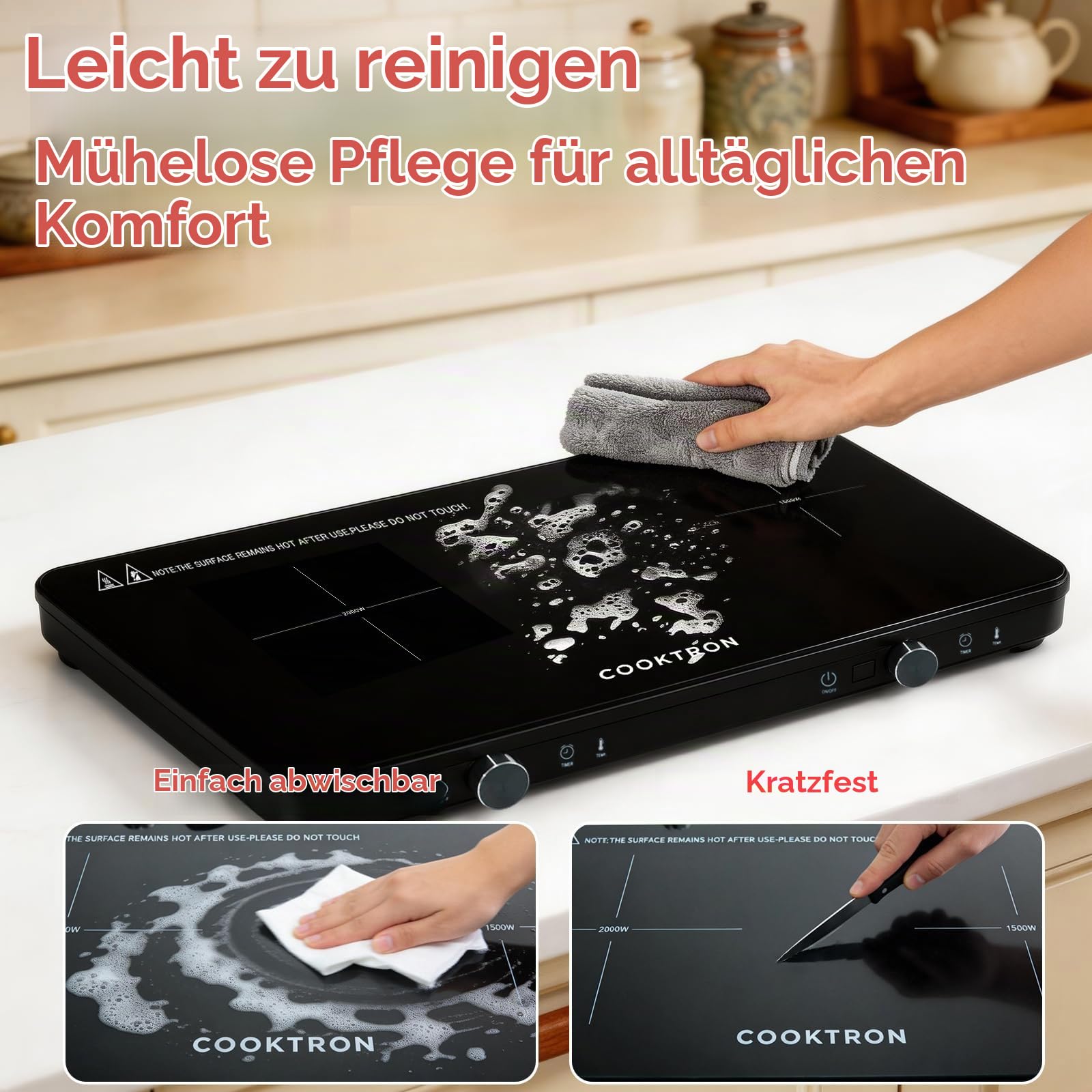 COOKTRON Induktionskochfeld 2 Platten 3500W, Induktionsplatte Doppelt Freistehend mit 10 Leistungsstufen, Touch & Drehknopf, 99 Min Timer, Mobil für Küche und Camping