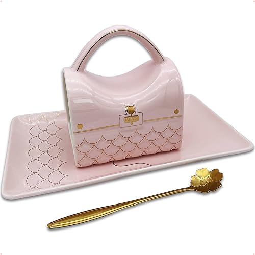 SISETOP Juego de tazas de café de 13 onzas, taza de café grande creativa con platillo y cuchara en forma de trébol dorado, taza de té de cerámica,