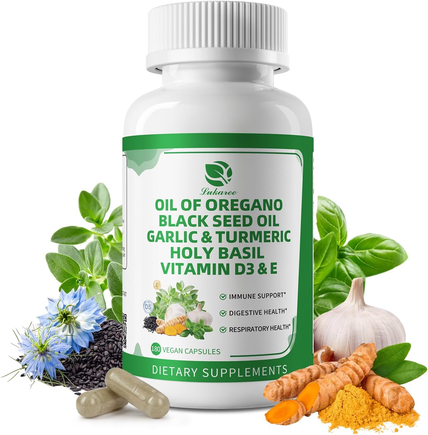Organic Oil of Oregano Capsules with Black Seed Oil, Garlic, Turmeric, Holy Basil, Vitamin D3, E & Black Pepper for Better Absorption – Immune, Digestive & Respiratory – Vegan, Non-GMO, 6 Month Supply