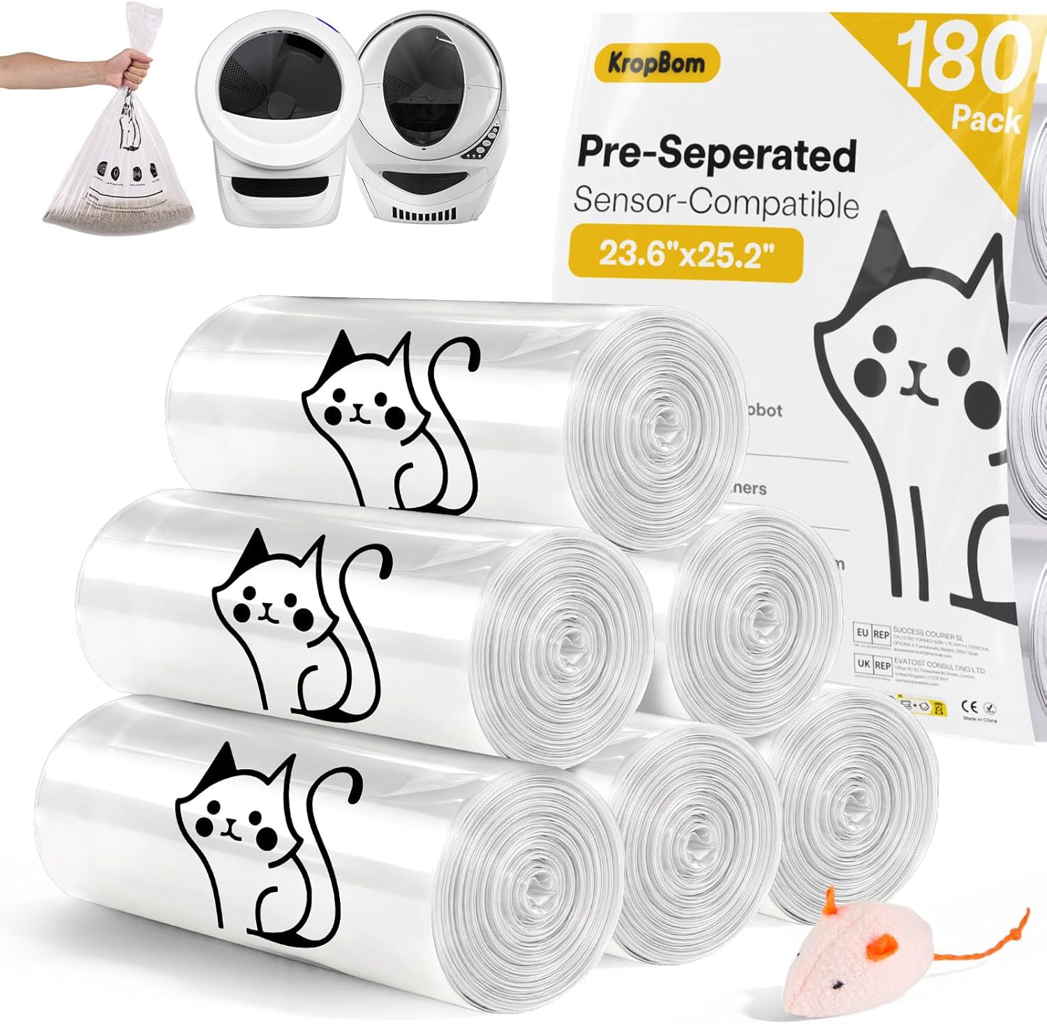 180 Pack Cat Litter Box Robot 5/4/3 Waste Bags,Transparent, Self Cleaning Litter Box Liners Bags for Most Automatic Cat Litter Boxes，Pre-Separated, Heavy Duty, 9-11 Gallon Capacity