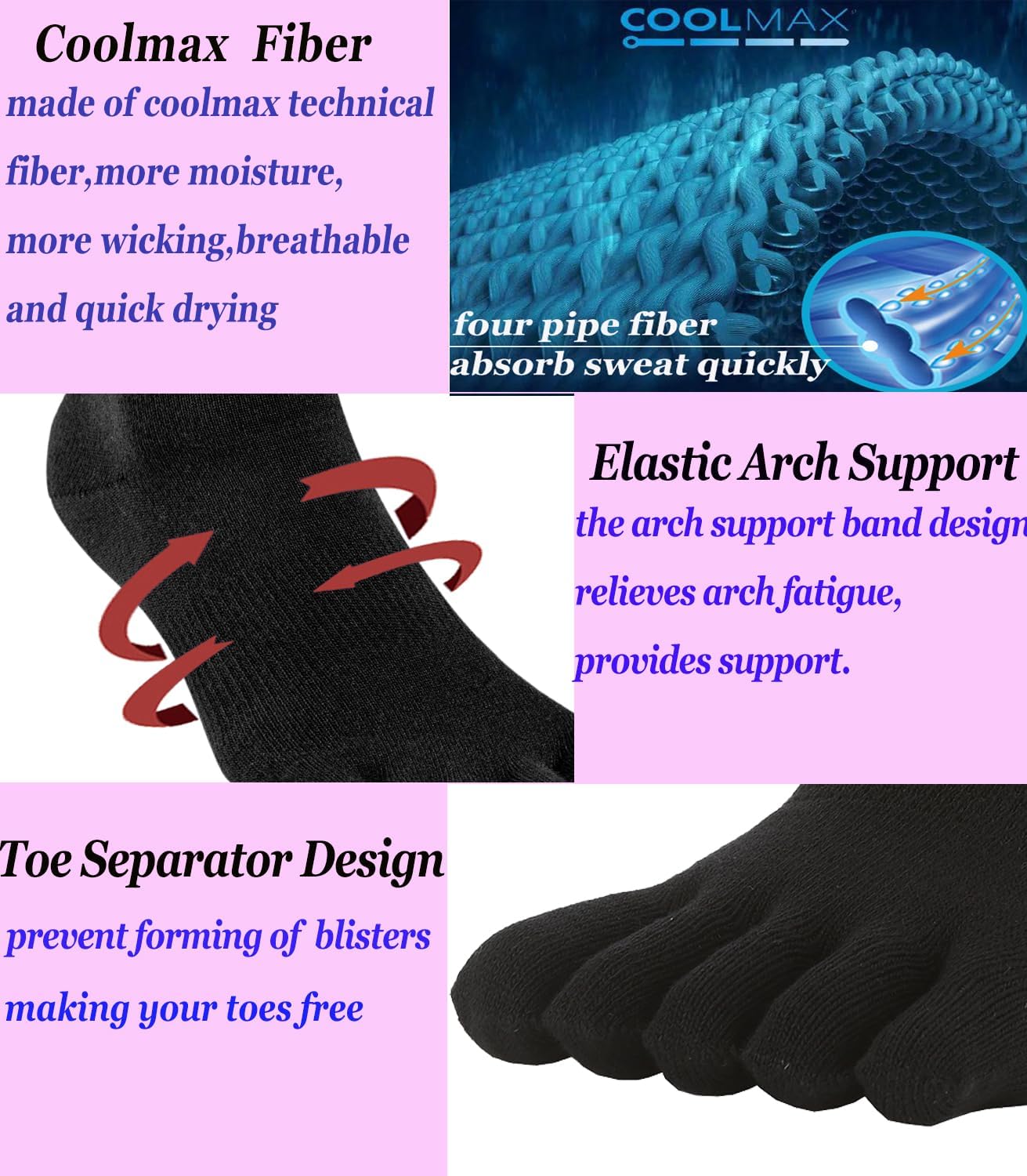 Coolmax つま先ソックス 男女兼用 ノーショウ ローカット ハイパフォーマンス 5本指ランニングソックス アスレチック ウィッ