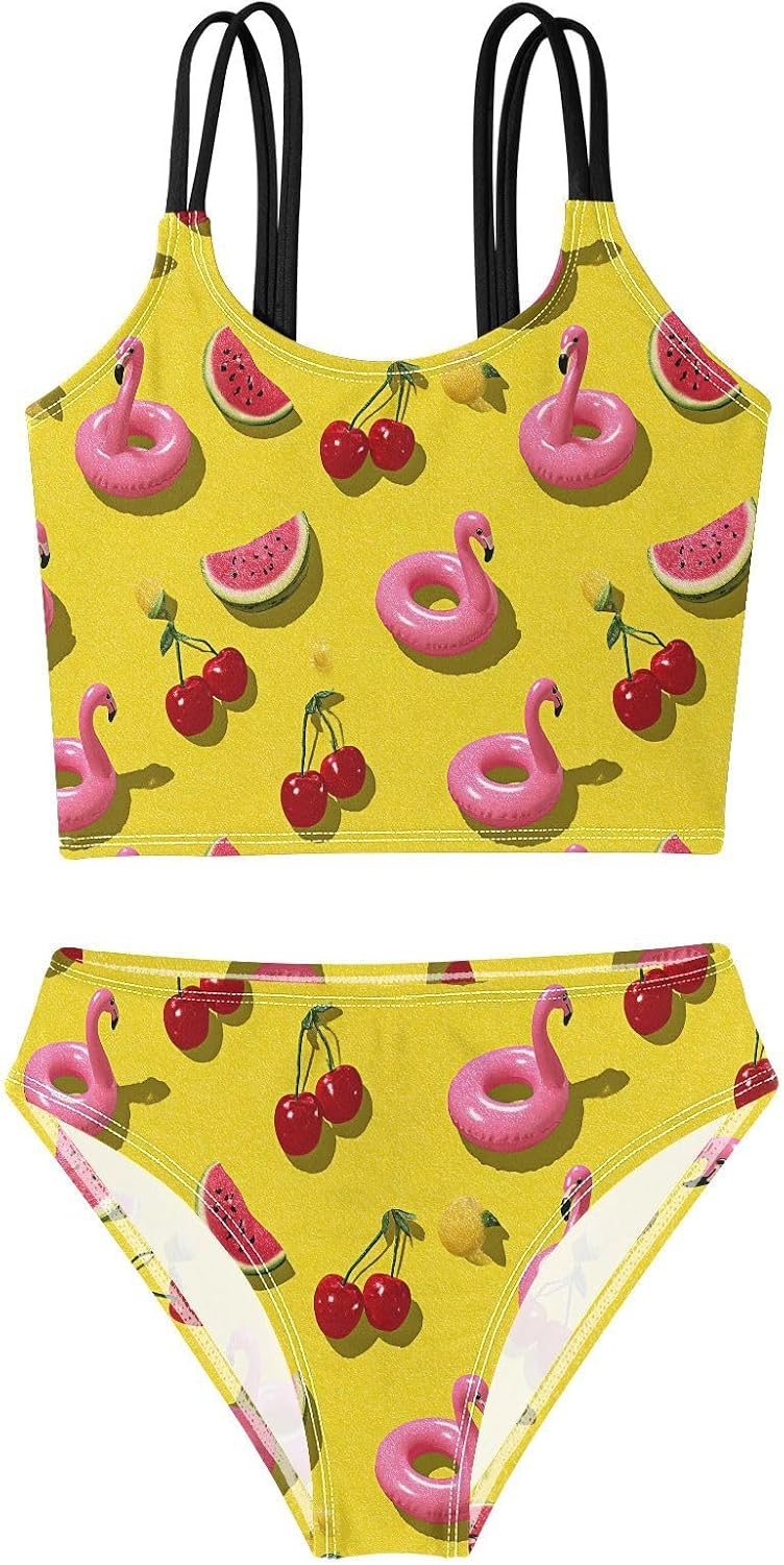 visesunny Girls Two Piece Swimsuits Flamingo Cherry Pattern Girl's Bikini Sets Bathing Suits for Girls Size 5-12Y
