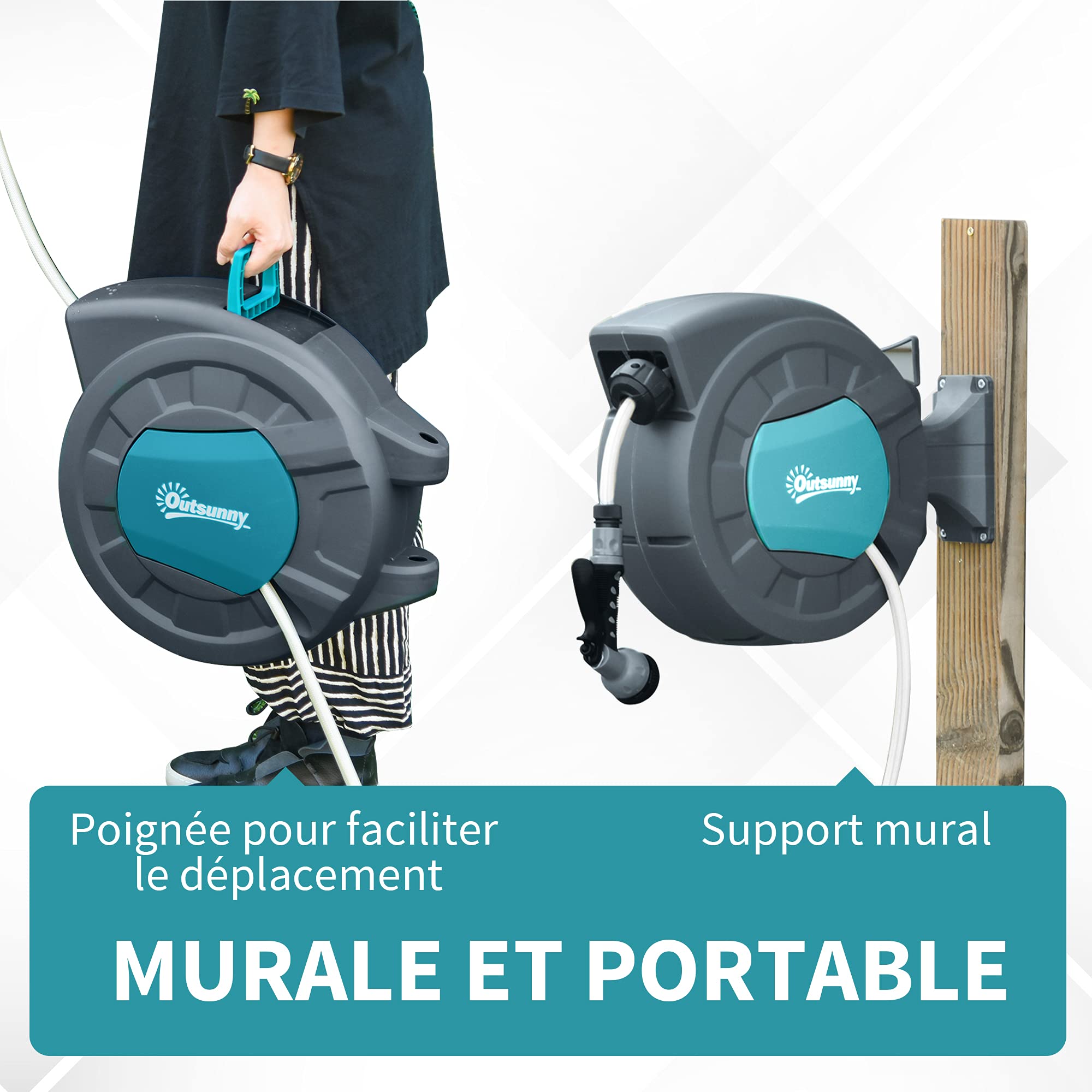 Outsunny Enrouleur Tuyau Arrosage Automatique 15 + 1,4 m Turquoise Gris | Pivotant 180°, Lance Arrosage, Support Mural Intégré