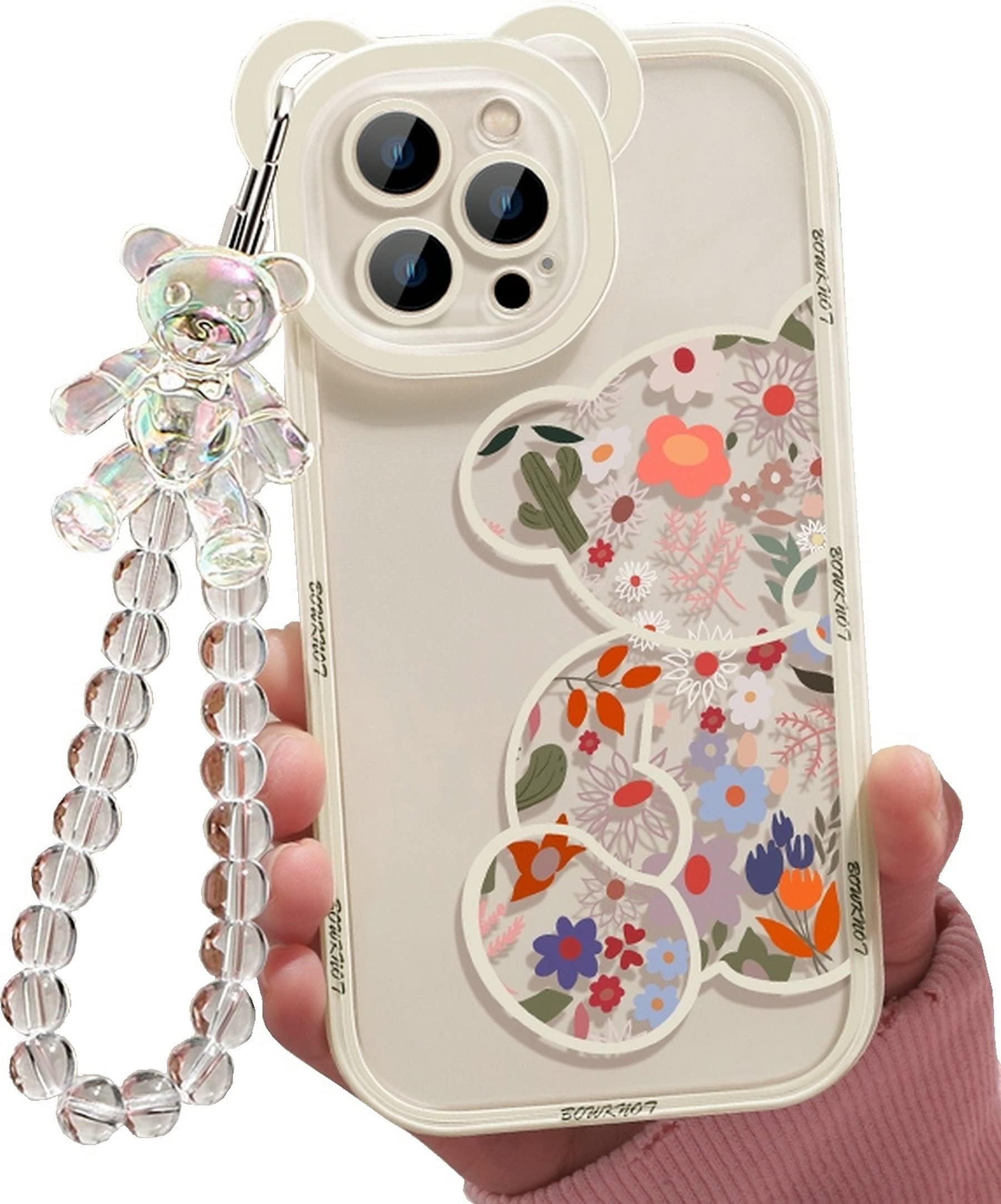 Shinymore iPhone 11 Pro Max Bear Case, Cute Flowers Bear Camera Protector Clear Case with Lovely Strap Bracelet Chain Girls Women Case for iPhone 11 Pro Max