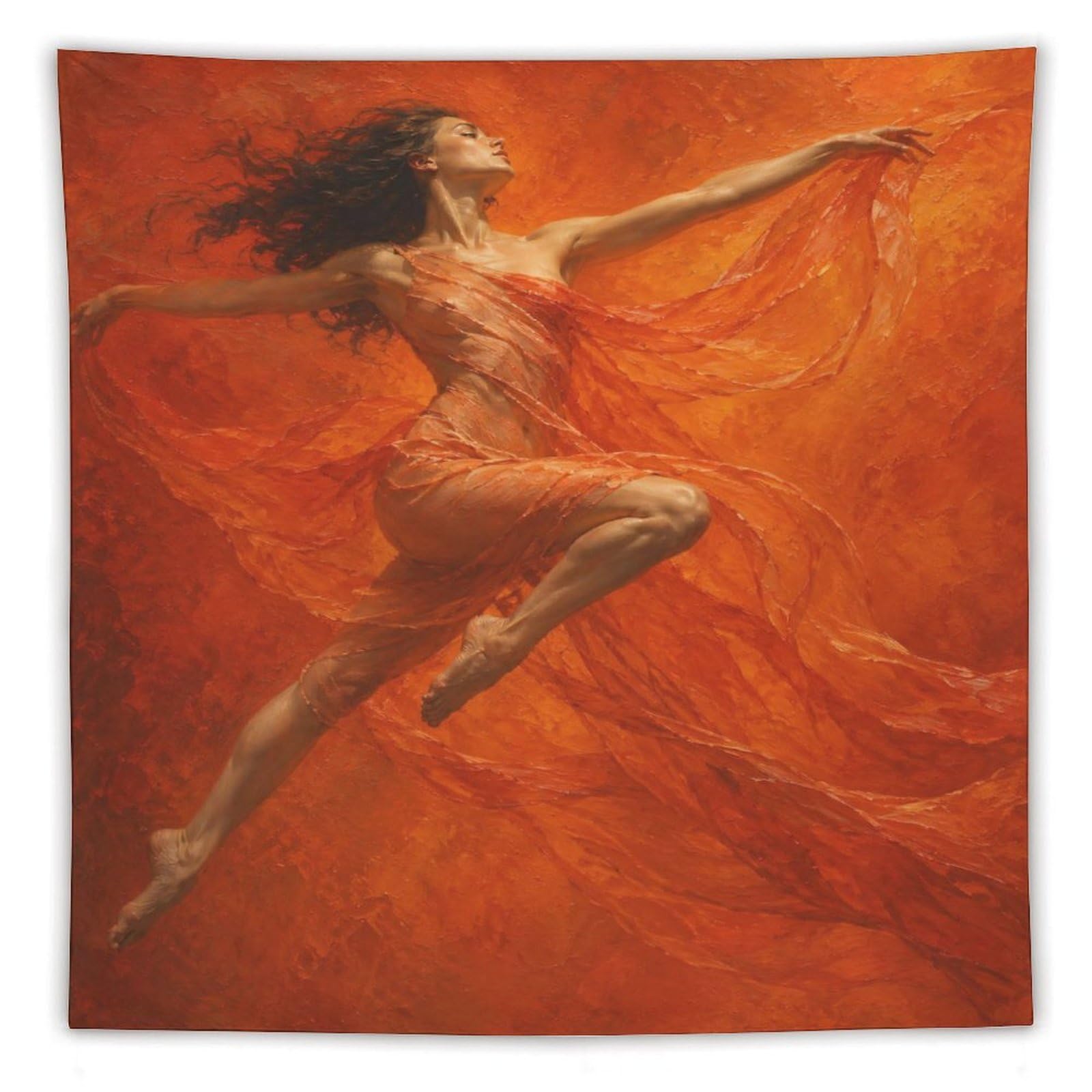 W7C8U2X3 Orange Ballerina Leap Wall Tapestry, Impressionist, Warm Oil Art