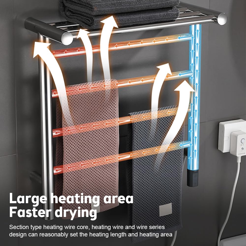 Toallero Eléctrico WiFi, Toallero Calefactable de Acero Inoxidable de 45 W 24 V con Aplicación, Temporizador de Control Remoto, Temperatura Ajustable IPX4 a Prueba (Plata)