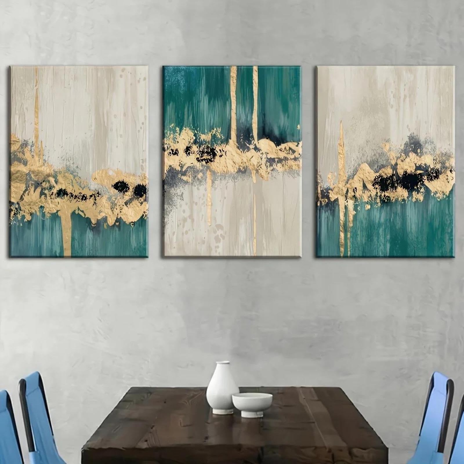 Yocheng 3pcs Abstract Wall Art Set -Teal, Golden, Black, White, Gray, Beige Textured Canvas Paintings 30x40cmx3 No Frame