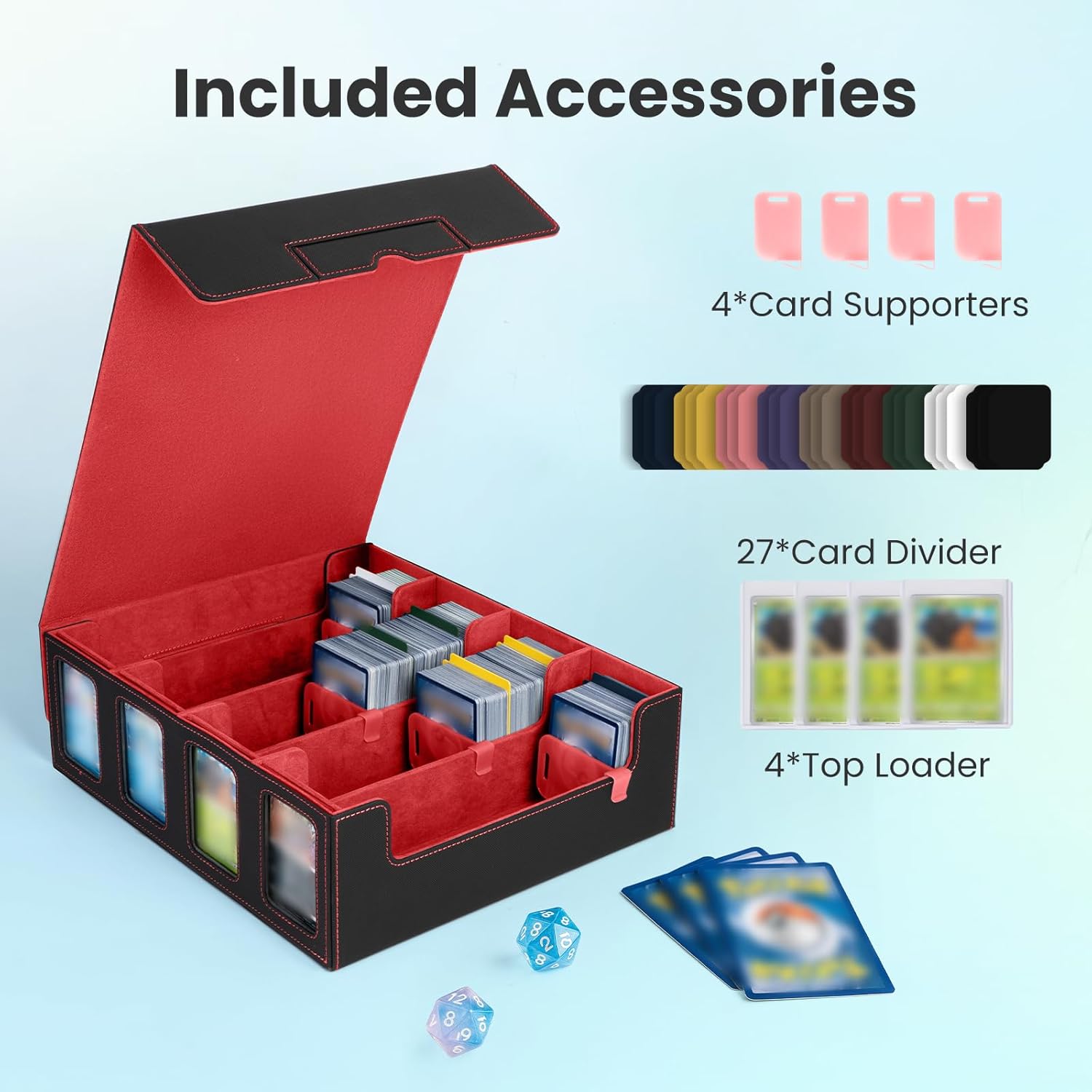 PU Leather Storage Case Fits with Display,3000+ Cards,4-Row Deck Case with Removable Lid,with1Dice tray for dice,24 Colorful Dividers & 4 Card Supporters forTCG Game Cards (Black/Red)