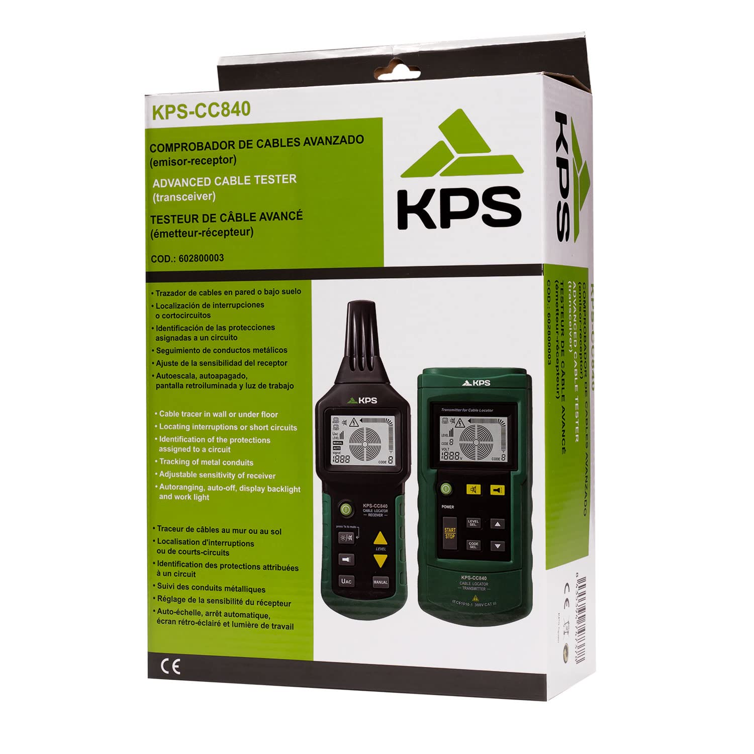 KPS-CC840 Localizador de Cables - Detector de Cortocircuitos y Roturas de Cables, Tuberías y Conductos Hasta 2.5m de Profundidad - CAT III 300V