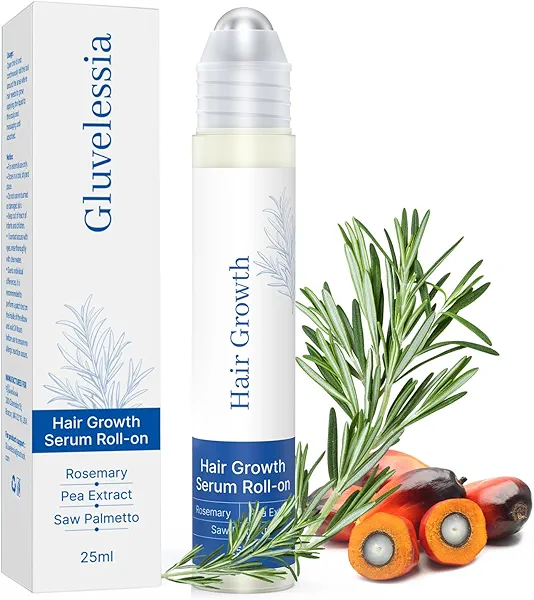 Gluvelessia Hair Growth Serum Roll On 25ml with Saw Palmetto, Rosemary & Pea Extract,Helps Support Thicker, Fuller Hair Appearance,Clean, Non-Greasy Hair Loss Support for Men & Women Pack of 1