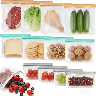 12 Pack Silicone Bags for Food Storage,Freezer,Microwave & Dishwasher Safe,Leakproof Food Storage Bags,Reusable Freezer Ziploc Bags,Sandwich Snack Baggies-4 Gallon 4 Snack 4 Sandwich Bags,3 Colors
