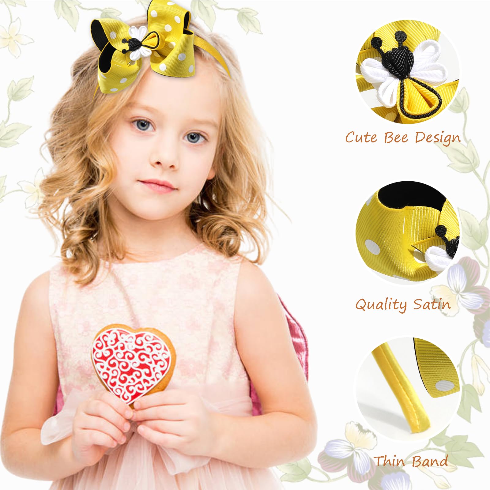 AIUPUOC Diadema de lazo amarillo para niñas, bonitos accesorios para el cabello con diseño de abeja, aro grande y decoraciones para el cabello para primavera