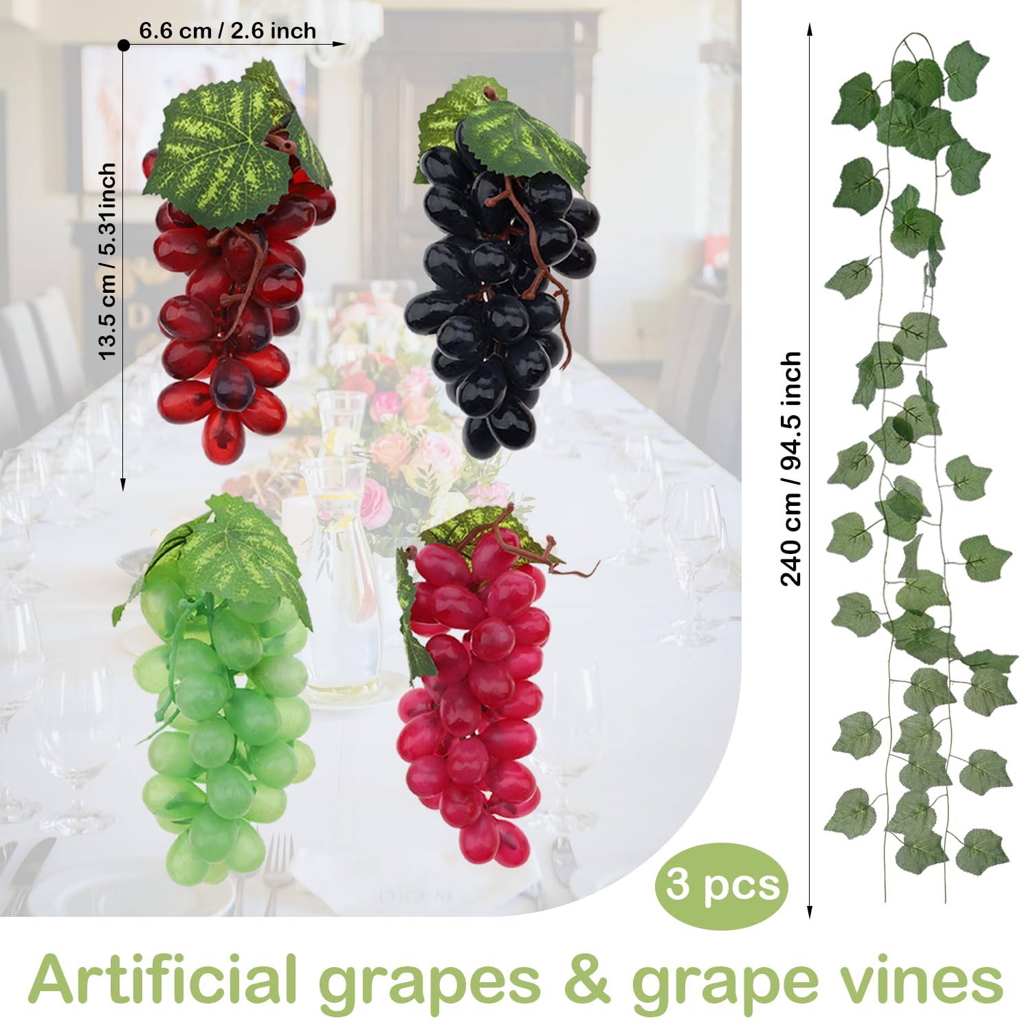 Quancru 4 Bunches Artificial Grape with 3 Pcs Fake Grapes Vines Lifelike Hanging Simulation Grapes Fruit Decor for Home Wedding Garden Garland Outside