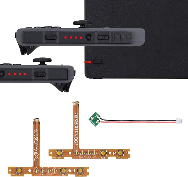 eXtremeRate Firefly LED Tuning Kit dla Nintendo Switch Joycons Dock NS Joycon SL SR Buttons Ribbon Flex Cable Indicate Power LED - Czerwony (Joycons Dock Nie Jest Dołączony)