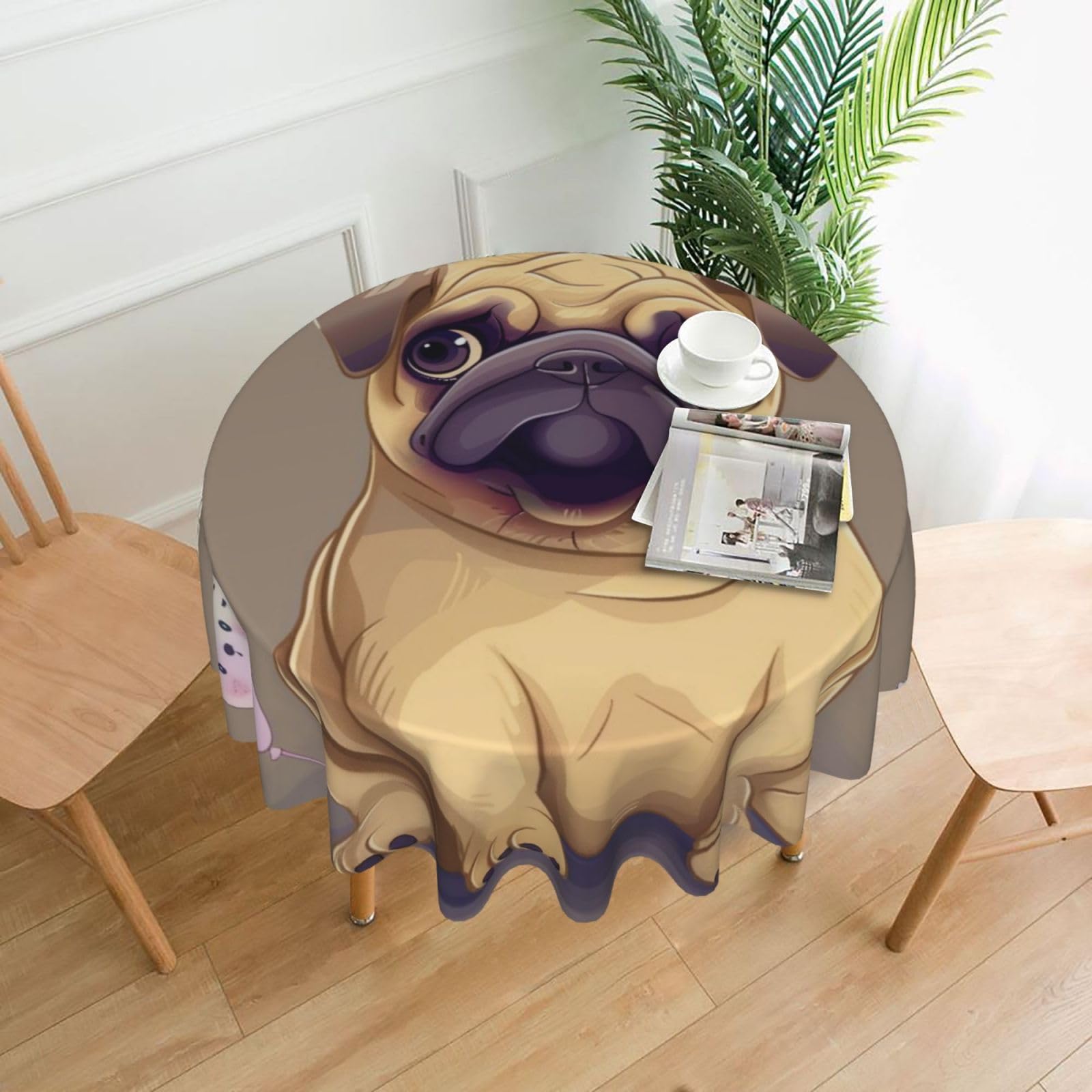 WPKJU Funny Cartoon Pug Puppy Dog Printed Round Tablecloth 60 in Water Resistant Table Cover Washable Table Cloth for Dining Tables