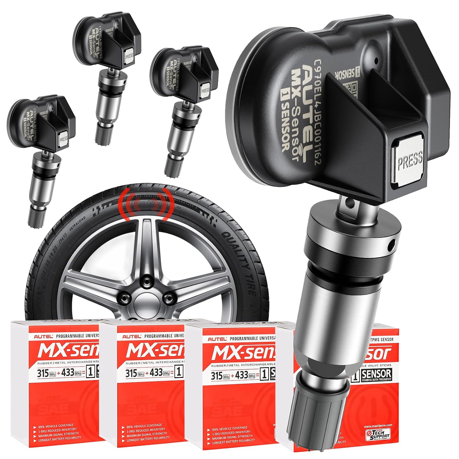 Autel TPMS Sensors Set of 4, MX Sensor 2in 1 315MHz + 433MHz, MaxiTPMS Tire Sensors Programmed by TS508WF/ITS600/TS900, Press-in OE-Level Sensors with Metal Stem